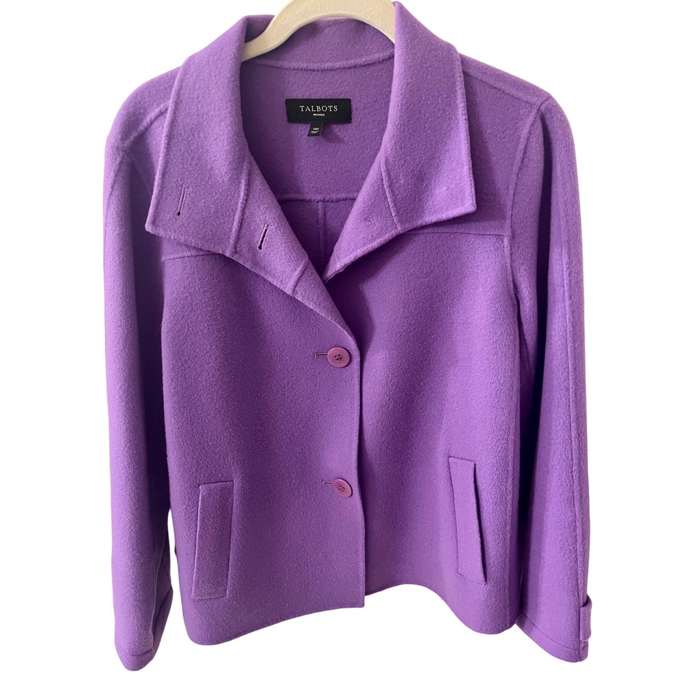 Talbots Women's Purple Wool Blend Button Front Cropped Jacket Size Petite 14
